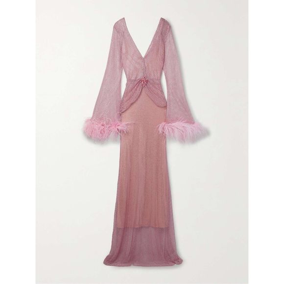 PATBO Feather-trimmed crystal-embellished mesh maxi dress